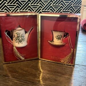 Lenox Collectible Holiday Teapot and Holiday Cup and Saucer Ornaments